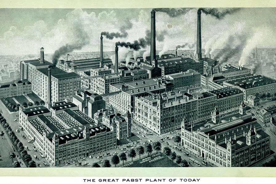 Historic illustration of the Pabst brewery complex, titled The Great Pabst Plant of Today